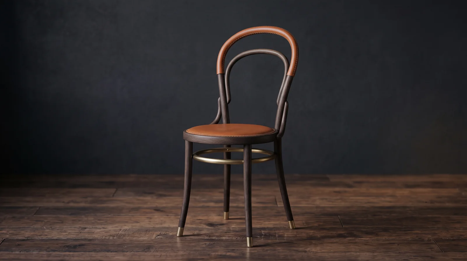 Derselbe Kaffeehausstuhl, individuell weitergebaut: Sitz und Lehne in Cognac-Leder, Gestell in Räuchereiche, Messingdetails
