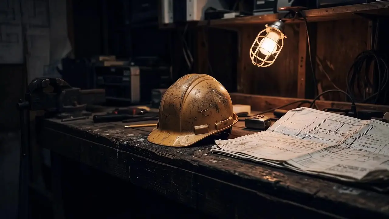Bauhelm auf der Werkbank unter einer Arbeitsleuchte