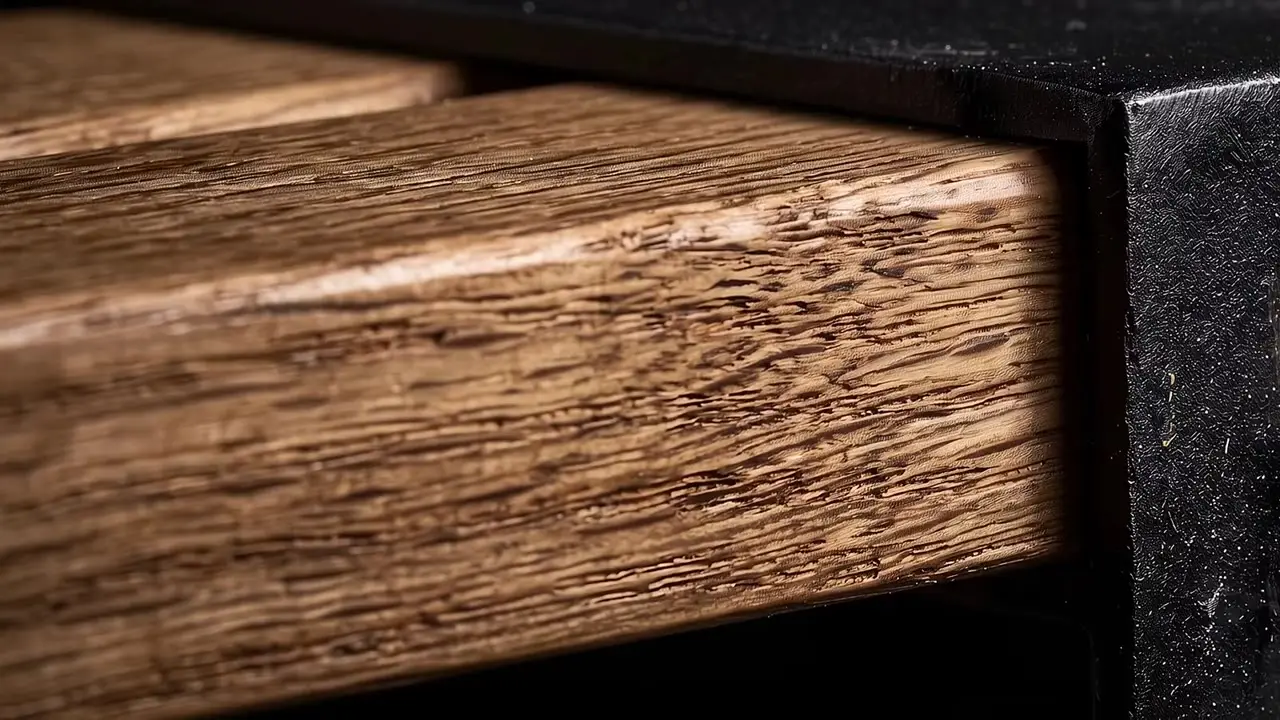 Eichenlamelle trifft Stahlprofil, ein Lichtstreif wandert über das Holz
